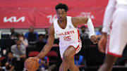 Jul 11, 2022; Las Vegas, NV, USA; Atlanta Hawks guard Tyson Etienne (25) dribbles against the New Orleans Pelicans  during an NBA Summer League game at Cox Pavilion. Mandatory Credit: Stephen R. Sylvanie-Imagn Images