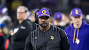 Jan 13, 2025; Glendale, AZ, USA; Minnesota Vikings defensive coordinator Brian Flores against the Los Angeles Rams during an NFC wild card game at State Farm Stadium. Mandatory Credit: Mark J. Rebilas-Imagn Images