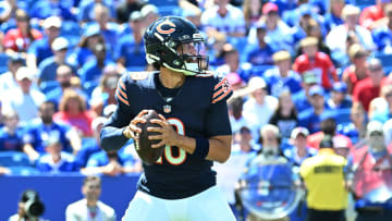 Aug 10, 2024; Orchard Park, New York, USA; Chicago Bears quarterback Caleb Williams (18) prepares for a pass in the first quarter of a pre-season game against the Buffalo Bills at Highmark Stadium. Mandatory Credit: Mark Konezny-USA TODAY Sports