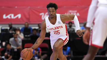 Jul 11, 2022; Las Vegas, NV, USA; Atlanta Hawks guard Tyson Etienne (25) dribbles against the New Orleans Pelicans  during an NBA Summer League game at Cox Pavilion. Mandatory Credit: Stephen R. Sylvanie-Imagn Images