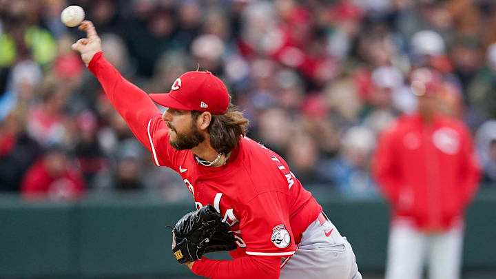 Reds prospects pitcher Aaron Wilkerson throws a pitch in the first inning of the final spring training game between the Cincinnati Reds and Reds prospects, Tuesday, March 25, 2025, at Day Air Ballpark in Dayton.