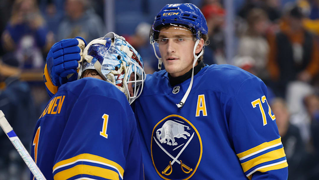 Buffalo Sabres players Ukko-Pekka Luukkonen and Tage Thompson