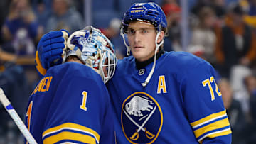 Buffalo Sabres players Ukko-Pekka Luukkonen and Tage Thompson