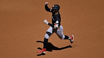Sep 25, 2025; Arlington, Texas, USA; Minnesota Twins center fielder Byron Buxton (25) rounds second base after he hits a leadoff home run against the Texas Rangers during the first inning at Globe Life Field.