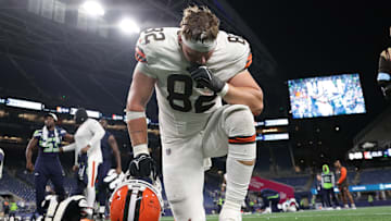 TE Treyton Welch makes a prayer before the Cleveland Browns faced off against the Seattle Seahawks during the preseason