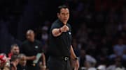 Mar 2, 2025; Miami, Florida, USA; Miami Heat head coach Erik Spoelstra reacts from the sideline against the New York Knicks during the first quarter  at Kaseya Center. Mandatory Credit: Sam Navarro-Imagn Images