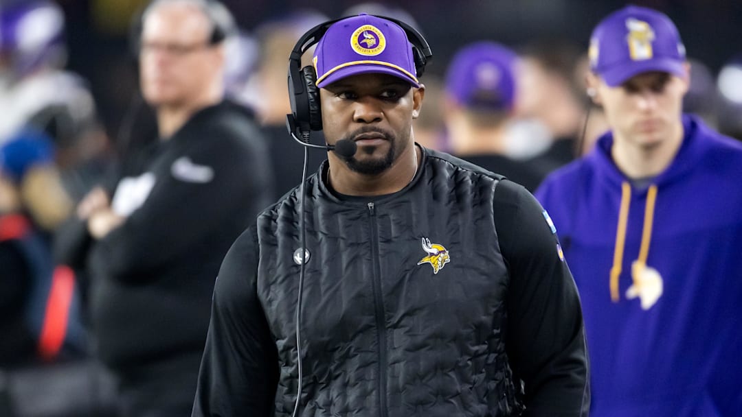 Jan 13, 2025; Glendale, AZ, USA; Minnesota Vikings defensive coordinator Brian Flores against the Los Angeles Rams during an NFC wild card game at State Farm Stadium. Mandatory Credit: Mark J. Rebilas-Imagn Images