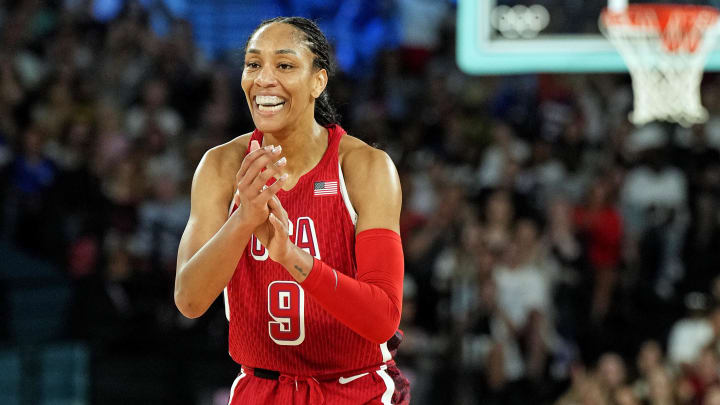 Aug 7, 2024; Paris, France; United States forward A'Ja Wilson (9) reacts after a play against Nigeria in the women’s basketball quarterfinals during the Paris 2024 Olympic Summer Games at Accor Arena. Mandatory Credit: Kyle Terada-USA TODAY Sports