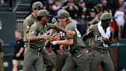 Vanderbilt pitcher Sawyer Hawks (88) celebrates with teammates after the team’s 5-2 win against Georgia in a NCAA college baseball game at Hawkins Field Saturday, April 19, 2025, in Nashville, Tenn.