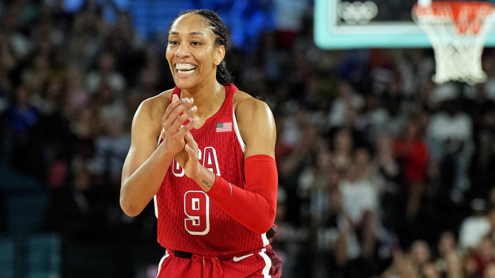 Aug 7, 2024; Paris, France; United States forward A'Ja Wilson (9) reacts after a play against Nigeria in the women’s basketball quarterfinals during the Paris 2024 Olympic Summer Games at Accor Arena. Mandatory Credit: Kyle Terada-USA TODAY Sports