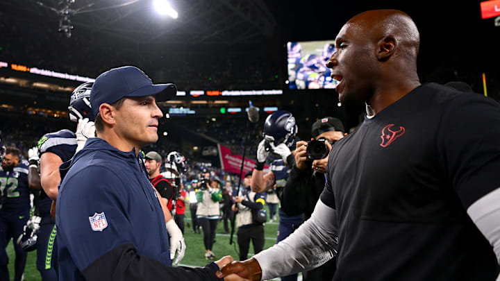 Houston Texans head coach DeMeco Ryans shakes hands with Mike Macdonald of the Seattle Seahawks after Monday night's game