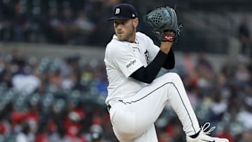 Jul 9, 2024; Detroit, Michigan, USA;  Detroit Tigers pitcher Joey Wentz (43) pitches in the third inning against the Cleveland Guardians at Comerica Park.