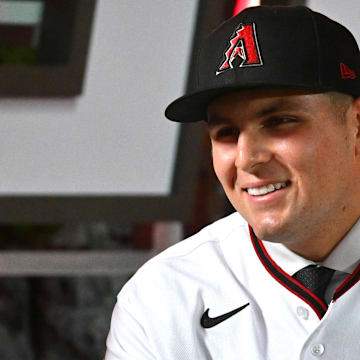 Jul 17, 2022; Los Angeles, CA, USA;  Ivan Melendez is interviewed by Lauren Gardner of MLB Network after he was selected by the Arizona Diamondbacks as the 43rd pick of the MLB draft at XBox Plaza at LA Live. Mandatory Credit: Jayne Kamin-Oncea-Imagn Images