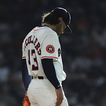 May 10, 2025; Houston, Texas, USA; Houston Astros starting pitcher Lance McCullers Jr. (43) reacts after a play during the first inning against the Cincinnati Reds  at Daikin Park. 