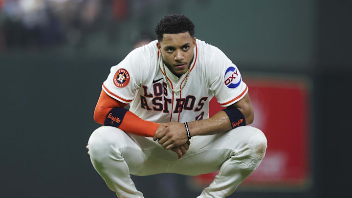 Sep 20, 2025; Houston, Texas, USA; Houston Astros shortstop Jeremy Pena (3) reacts after a play during the sixth inning against the Seattle Mariners at Daikin Park. Mandatory Credit: Troy Taormina-Imagn Images
