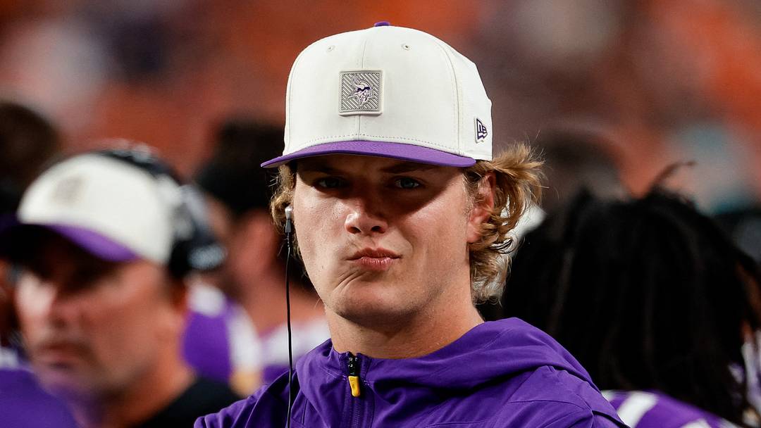 Aug 28, 2026; Denver, Colorado, USA; Minnesota Vikings quarterback J.J. McCarthy (9) looks on in the second quarter against the Denver Broncos at Empower Field at Mile High. Mandatory Credit: Isaiah J. Downing-Imagn Images