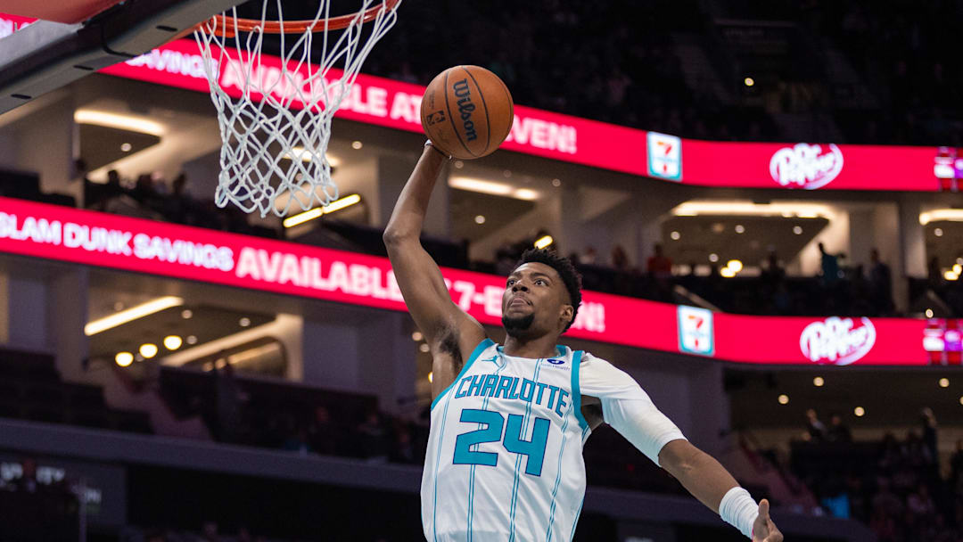 Feb 28, 2026; Charlotte, North Carolina, USA; Charlotte Hornets forward Brandon Miller (24) goes to the basket for a dunk against the Portland Trail Blazers during the first quarter at Spectrum Center. Mandatory Credit: Scott Kinser-Imagn Images