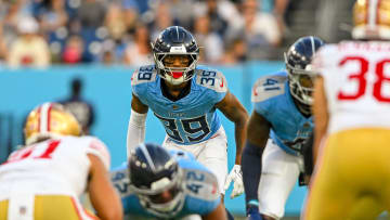 Aug 10, 2024; Nashville, Tennessee, USA;  Tennessee Titans safety Matthew Jackson (39) stares into the back field against the San Francisco 49ers during the first half at Nissan Stadium. 