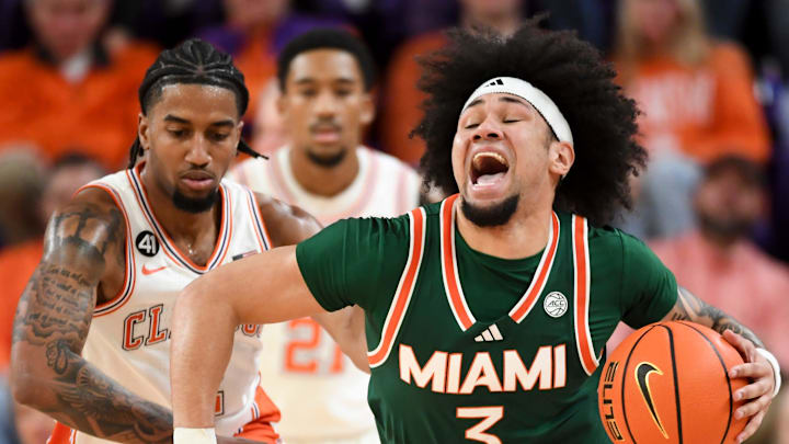 Clemson Tigers guard Dillon Hunter (2) defends Miami Hurricanes guard Tre Donaldson (3) Saturday, Jan. 17, 2026, during the NCAA men’s basketball game at Littlejohn Coliseum in Clemson, South Carolina.