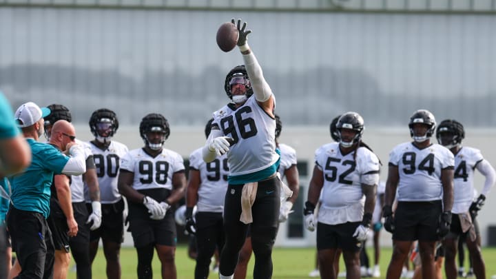 Jul 26, 2024; Jacksonville, FL, USA; Jacksonville Jaguars defensive end Adam Gotsis (96) participates in training camp at Miller Electric Center. Mandatory Credit: Nathan Ray Seebeck-USA TODAY Sports