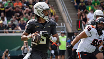 Oregon Ducks quarterback Dante Moore carries the ball as the Oregon Ducks host the Oregon State Beavers Sept. 20, 2025, at Autzen Stadium in Eugene, Oregon.