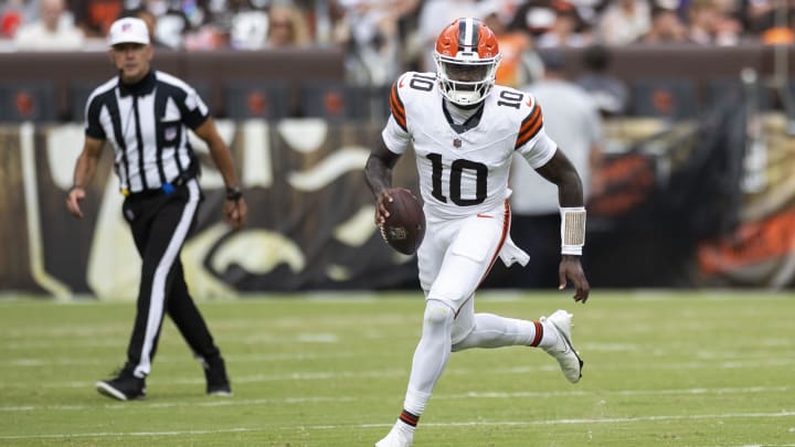 Aug 17, 2024; Cleveland, Ohio, USA; Cleveland Browns quarterback Tyler Huntley (10) runs the ball against the Minnesota Vikings during the third quarter at Cleveland Browns Stadium. Mandatory Credit: Scott Galvin-USA TODAY Sports