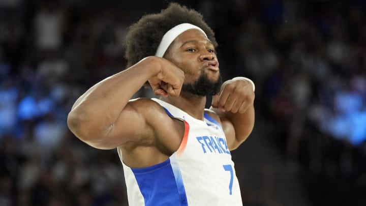 France's Guerschon Yabusele reacts in the third quarter against Canada in a men’s basketball quarterfinal game during the Paris 2024 Olympic Summer Games. 