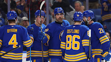 Buffalo Sabres players Bowen Byram, Josh Doan, Alex Tuch, Noah Ostlund and Conor Timmins