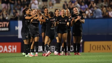 Aug 1, 2024; Los Angeles, California, USA; Angel City FC midfielder Alyssa Thompson (21) celebrates a goal with teammates during a round of penalty kicks against San Diego Wave FC at BMO Stadium. Mandatory Credit: Kiyoshi Mio-USA TODAY Sports