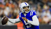 Aug 22, 2024; Cincinnati, Ohio, USA; Indianapolis Colts quarterback Anthony Richardson (5) throws a pass against the Cincinnati Bengals in the first half at Paycor Stadium. Mandatory Credit: Katie Stratman-Imagn Images