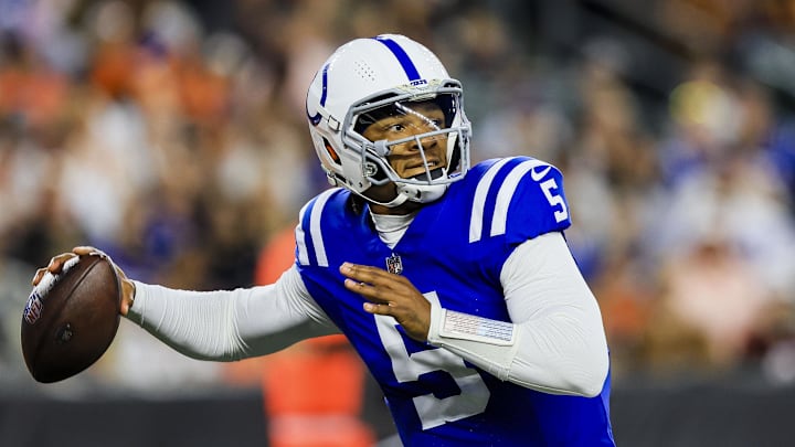 Aug 22, 2024; Cincinnati, Ohio, USA; Indianapolis Colts quarterback Anthony Richardson (5) throws a pass against the Cincinnati Bengals in the first half at Paycor Stadium. Mandatory Credit: Katie Stratman-Imagn Images