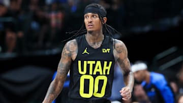 Oct 10, 2024; Dallas, Texas, USA; Utah Jazz guard Jordan Clarkson (00) controls the ball during the second half against the Dallas Mavericks at American Airlines Center. Mandatory Credit: Kevin Jairaj-Imagn Images