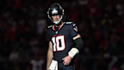 Nov 9, 2025; Houston, Texas, USA; Houston Texans quarterback Davis Mills (10) looks on against the Jacksonville Jaguars in the second half at NRG Stadium. Mandatory Credit: Thomas Shea-Imagn Images