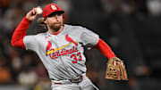 Sep 23, 2025; San Francisco, California, USA; St. Louis Cardinals second baseman Brendan Donovan (33) throws to first for an out against the San Francisco Giants during the eighth inning at Oracle Park. Mandatory Credit: Eakin Howard-Imagn Images