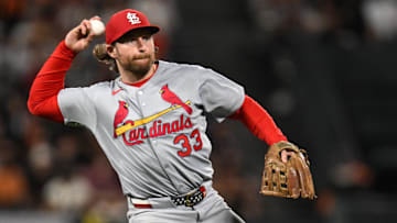 Sep 23, 2025; San Francisco, California, USA; St. Louis Cardinals second baseman Brendan Donovan (33) throws to first for an out against the San Francisco Giants during the eighth inning at Oracle Park. Mandatory Credit: Eakin Howard-Imagn Images