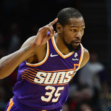 Mar 11, 2024; Cleveland, Ohio, USA; Phoenix Suns forward Kevin Durant (35) celebrates after hitting a three point basket during the second half against the Cleveland Cavaliers at Rocket Mortgage FieldHouse. Mandatory Credit: Ken Blaze-USA TODAY Sports
