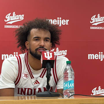 Indiana guard Tayton Conerway (left) and forward Reed Bailey (right) speak to reporters Nov. 12, 2025, at Assembly Hall.