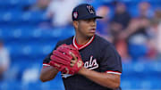 Mar 15, 2024; Port St. Lucie, Florida, USA; Washington Nationals pitcher Andry Lara (23) pitches in the sixth inning against the New York Mets in the Spring Breakout at Clover Park