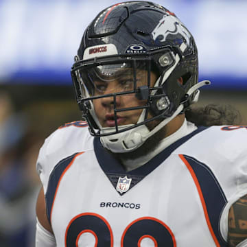 Dec 10, 2023; Inglewood, California, USA; Denver Broncos defensive linesmen Mike Purcell (98) during pregame in a game against the Los Angeles Rams at SoFi Stadium. Mandatory Credit: Yannick Peterhans-Imagn Images