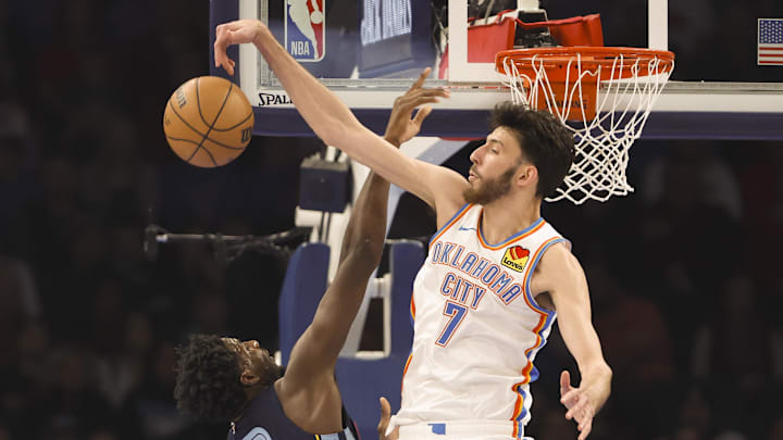 Dec 18, 2023; Oklahoma City, Oklahoma, USA; Oklahoma City Thunder forward Chet Holmgren (7) blocks a shot by Memphis Grizzlies forward Jaren Jackson Jr. (13) during the first quarter at Paycom Center. Mandatory Credit: Alonzo Adams-Imagn Images