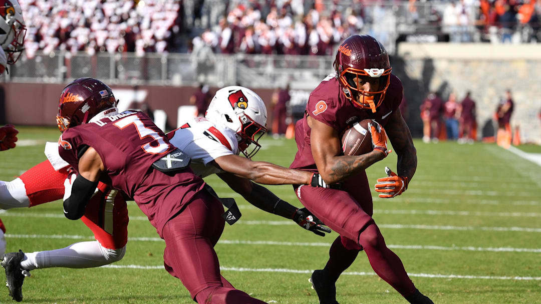 Nov 1, 2025; Blacksburg, Va.; Virginia Tech wide receiver Cameron Seldon (9) runs the ball for a touchdown vs. Louisville.