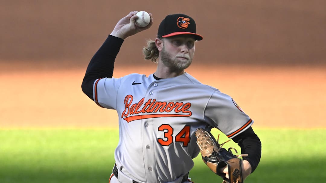 Apr 16, 2026; Cleveland, Ohio, USA; Baltimore Orioles starting pitcher Shane Baz (34) delivers a pitch in the first inning against the Cleveland Guardians at Progressive Field. Mandatory Credit: David Richard-Imagn Images