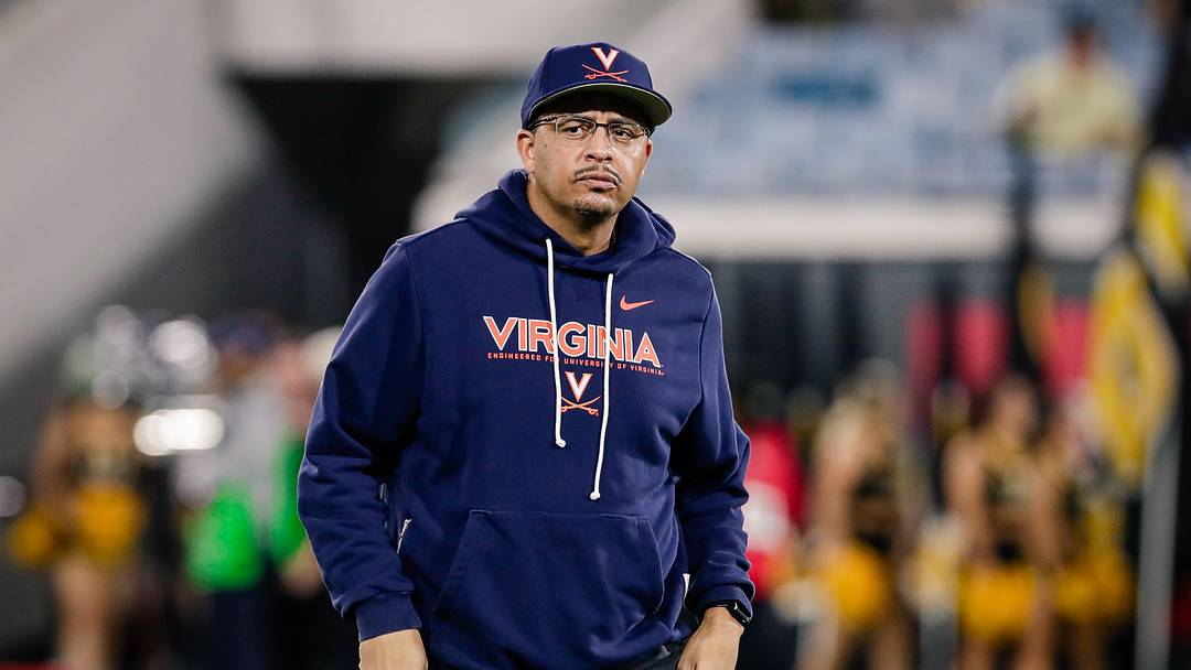 Dec 27, 2025; Jacksonville, FL, USA; Virginia Cavaliers head coach Tony Elliott looks on before the Gator Bowl against the Missouri Tigers at EverBank Stadium. Mandatory Credit: Travis Register-Imagn Images