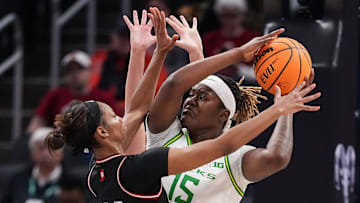 Oregon Ducks center Phillipina Kyei worked under the basket for 5 points and three rebounds in the first quarter, sparking the Ducks to a 12-9 lead as 14.5-point underdogs against Duke in Cameron Indoor Stadium.