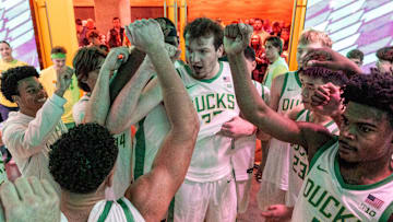 The Oregon men's basketball team comes together backstage before their game against Oregon State at Matthew Knight Arena in Eugene Nov. 17, 2025.