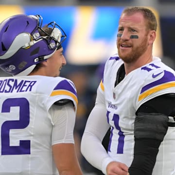 Oct 23, 2025; Inglewood, California, USA; Minnesota Vikings quarterback Carson Wentz (11) practices before the game against the Los Angeles Chargers at SoFi Stadium. Mandatory Credit: Jayne Kamin-Oncea-Imagn Images