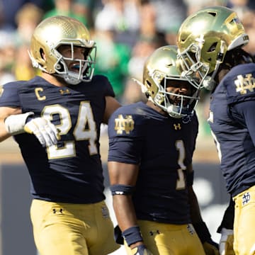 Notre Dame defensive lineman Boubacar Traore, second from right, celebrates getting a stop during a NCAA college football game between Notre Dame and Northern Illinois at Notre Dame Stadium on Saturday, Sept. 7, 2024, in South Bend.