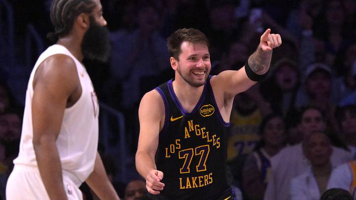 Mar 31, 2026; Los Angeles, California, USA;  Los Angeles Lakers guard Luka Doncic (77) reacts after a basket in the second half against the Cleveland Cavaliers at Crypto.com Arena. Mandatory Credit: Jayne Kamin-Oncea-Imagn Images