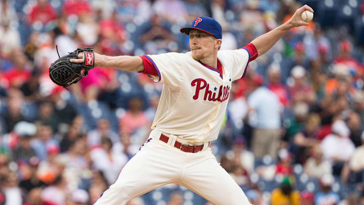 Jun 18, 2015; Philadelphia, PA, USA; Philadelphia Phillies relief pitcher Jake Diekman (63) pitches against the Baltimore Orioles during the sixth inning at Citizens Bank Park.