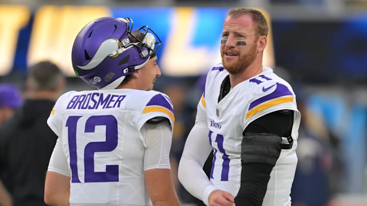 Oct 23, 2025; Inglewood, California, USA; Minnesota Vikings quarterback Carson Wentz (11) practices before the game against the Los Angeles Chargers at SoFi Stadium. Mandatory Credit: Jayne Kamin-Oncea-Imagn Images